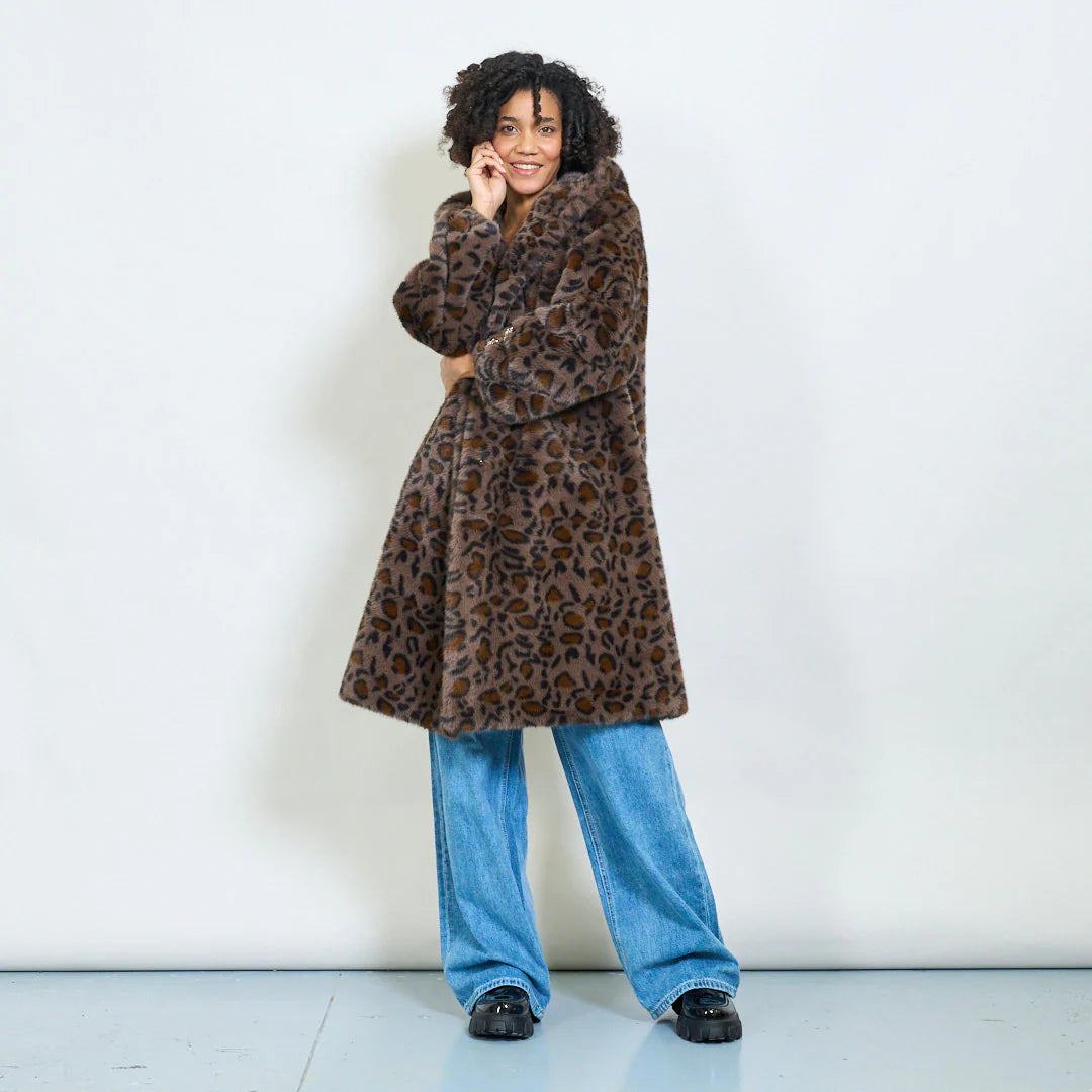 Faux Fur Coat with Hood and Gold Details