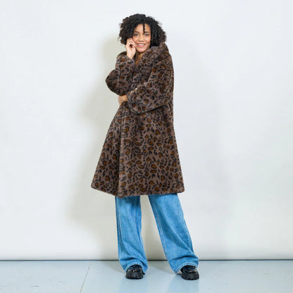 Faux Fur Coat with Hood and Gold Details