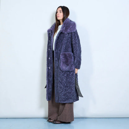 Long Faux Fur Coat with Belt and Contrasting Pockets