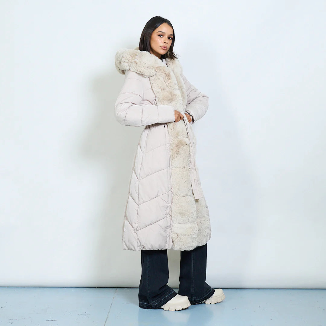 Long Down Jacket with Hood and Faux Fur Details