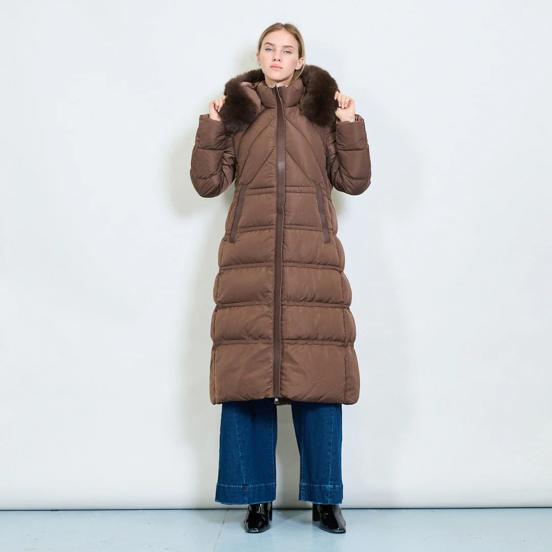 Cappotto Lungo Imbottito Bianco da Donna con Cappuccio in Pelliccia