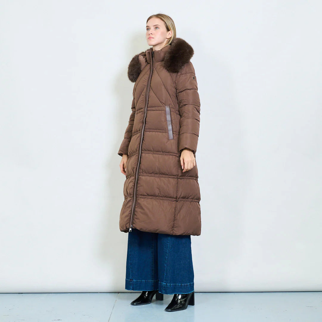 Cappotto Lungo Imbottito Bianco da Donna con Cappuccio in Pelliccia