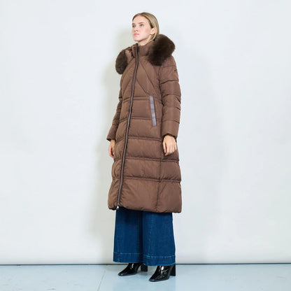 Cappotto Lungo Imbottito Bianco da Donna con Cappuccio in Pelliccia