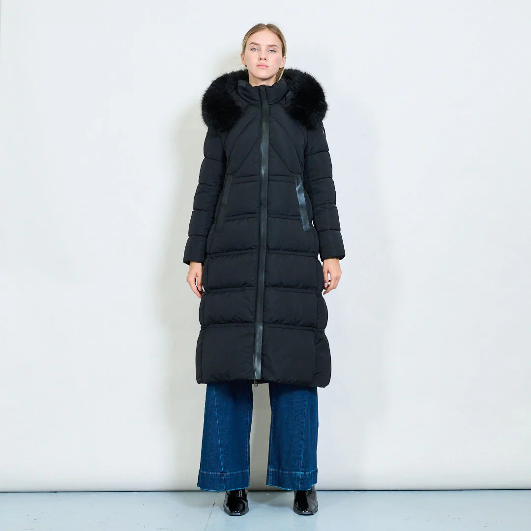 Cappotto Lungo Imbottito Bianco da Donna con Cappuccio in Pelliccia