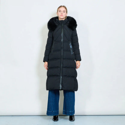 Cappotto Lungo Imbottito Bianco da Donna con Cappuccio in Pelliccia