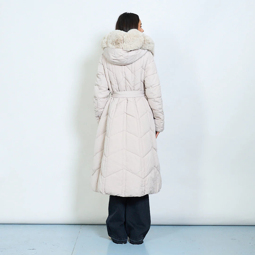 Long Down Jacket with Hood and Faux Fur Details