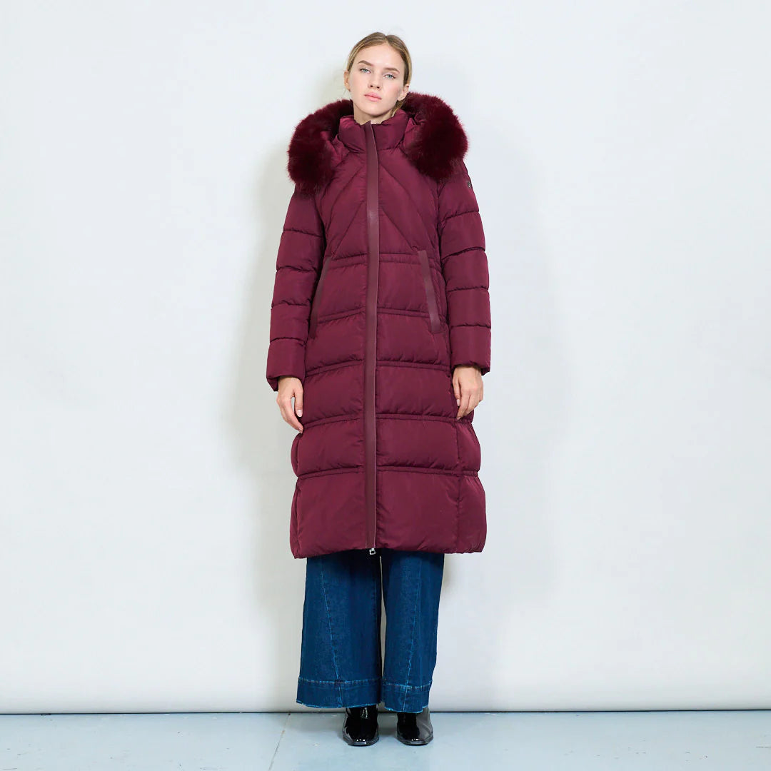 Cappotto Lungo Imbottito Bianco da Donna con Cappuccio in Pelliccia