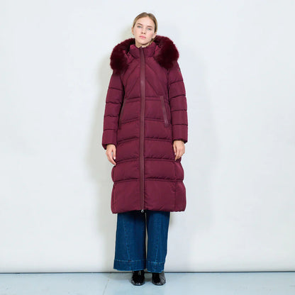 Cappotto Lungo Imbottito Bianco da Donna con Cappuccio in Pelliccia