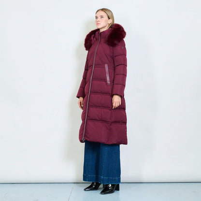 Cappotto Lungo Imbottito Bianco da Donna con Cappuccio in Pelliccia