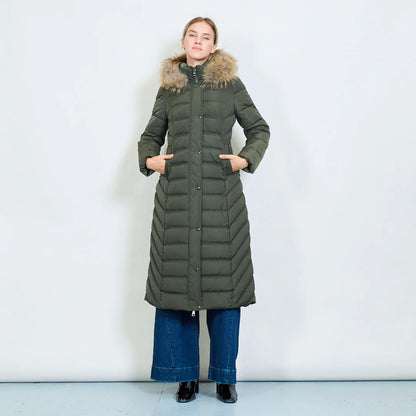 Long Green Coat with Hood and Real Rabbit Fur Collar