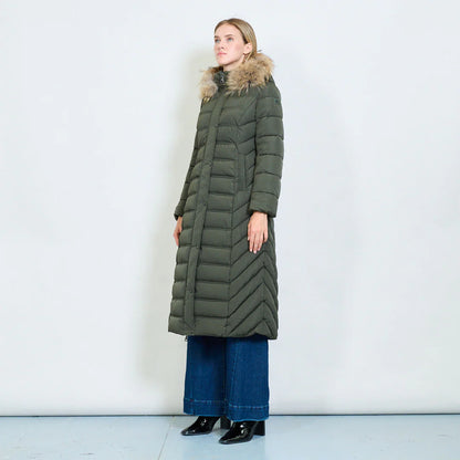 Long Green Coat with Hood and Real Rabbit Fur Collar