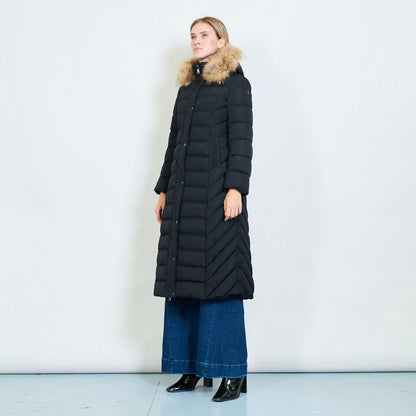 Long Green Coat with Hood and Real Rabbit Fur Collar