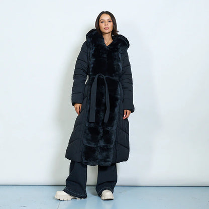 Long Down Jacket with Hood and Faux Fur Details