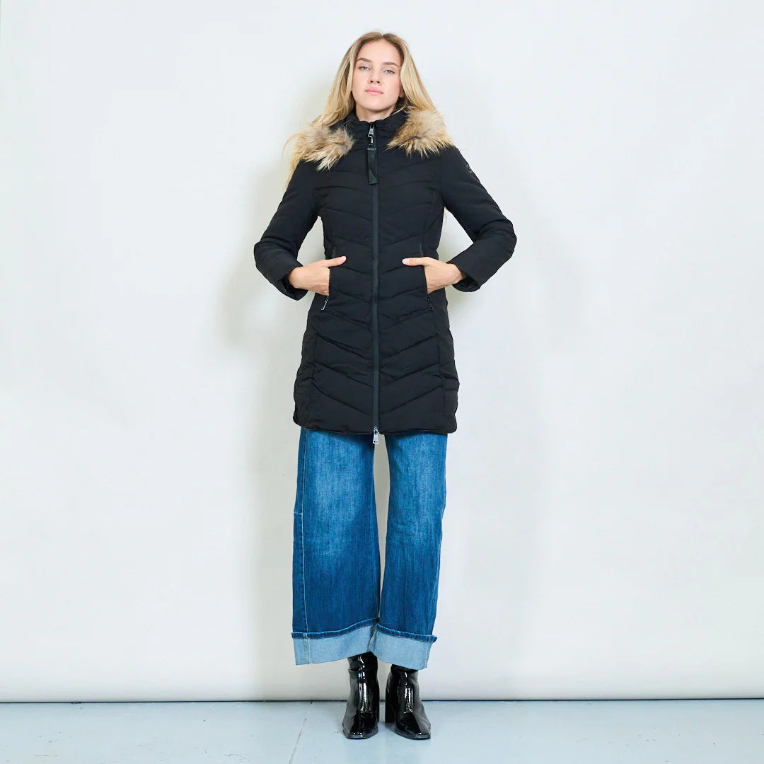 Medium-Length Green Down Jacket with Real Rabbit Fur Hood and Collar