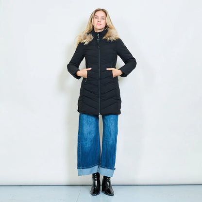 Medium-Length Green Down Jacket with Real Rabbit Fur Hood and Collar