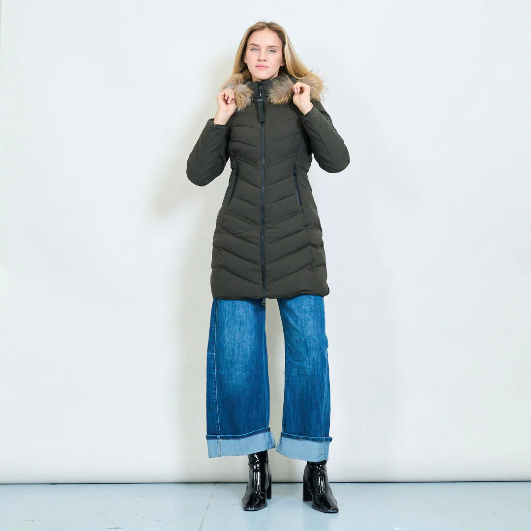 Medium-Length Green Down Jacket with Real Rabbit Fur Hood and Collar