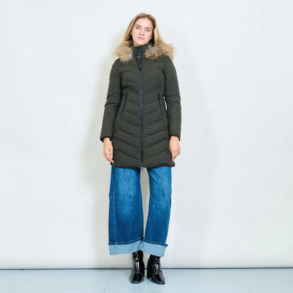 Medium-Length Green Down Jacket with Real Rabbit Fur Hood and Collar