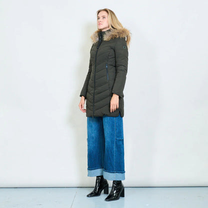 Medium-Length Green Down Jacket with Real Rabbit Fur Hood and Collar