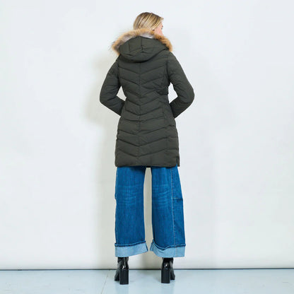 Medium-Length Green Down Jacket with Real Rabbit Fur Hood and Collar