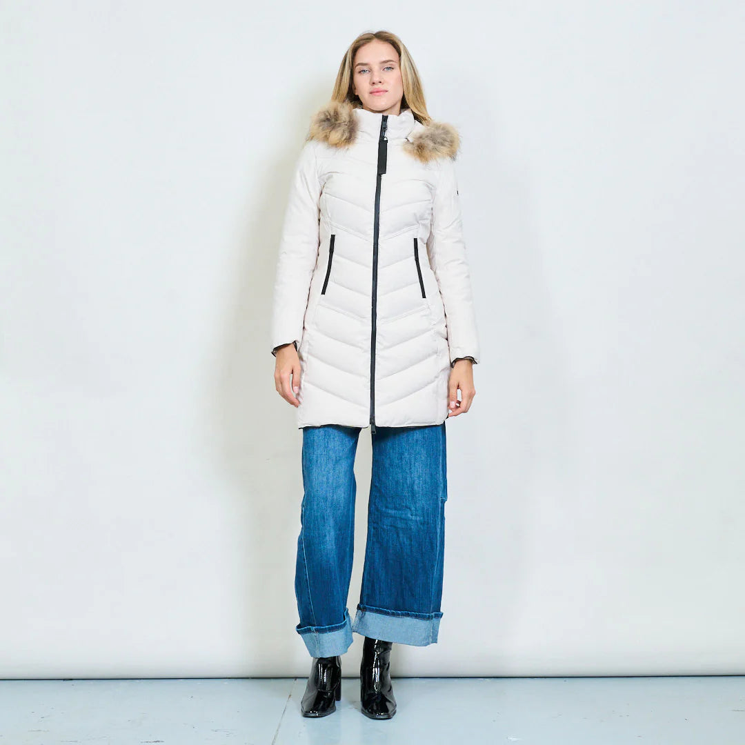 Medium-Length Green Down Jacket with Real Rabbit Fur Hood and Collar