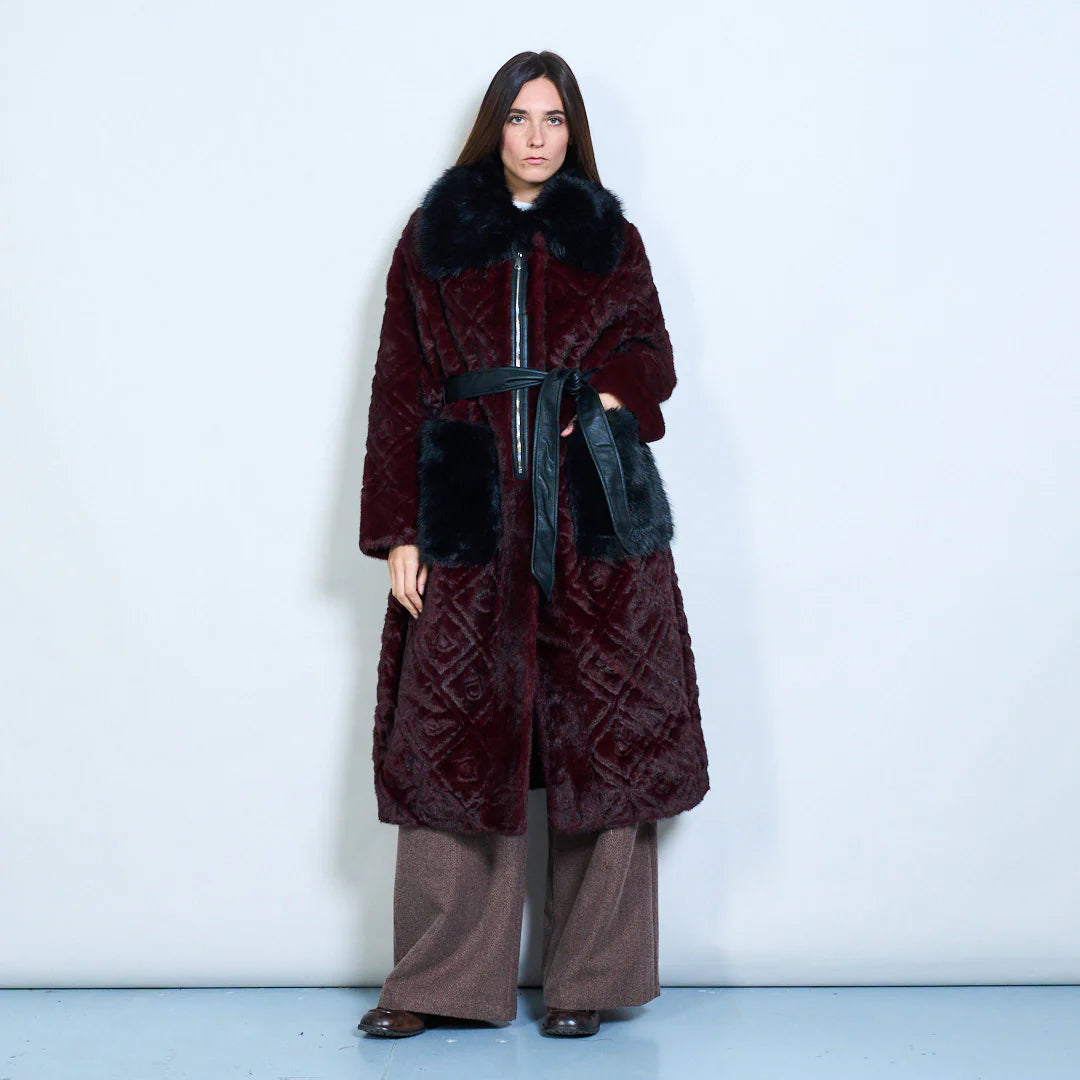 Long Faux Fur Coat with Belt and Contrasting Pockets