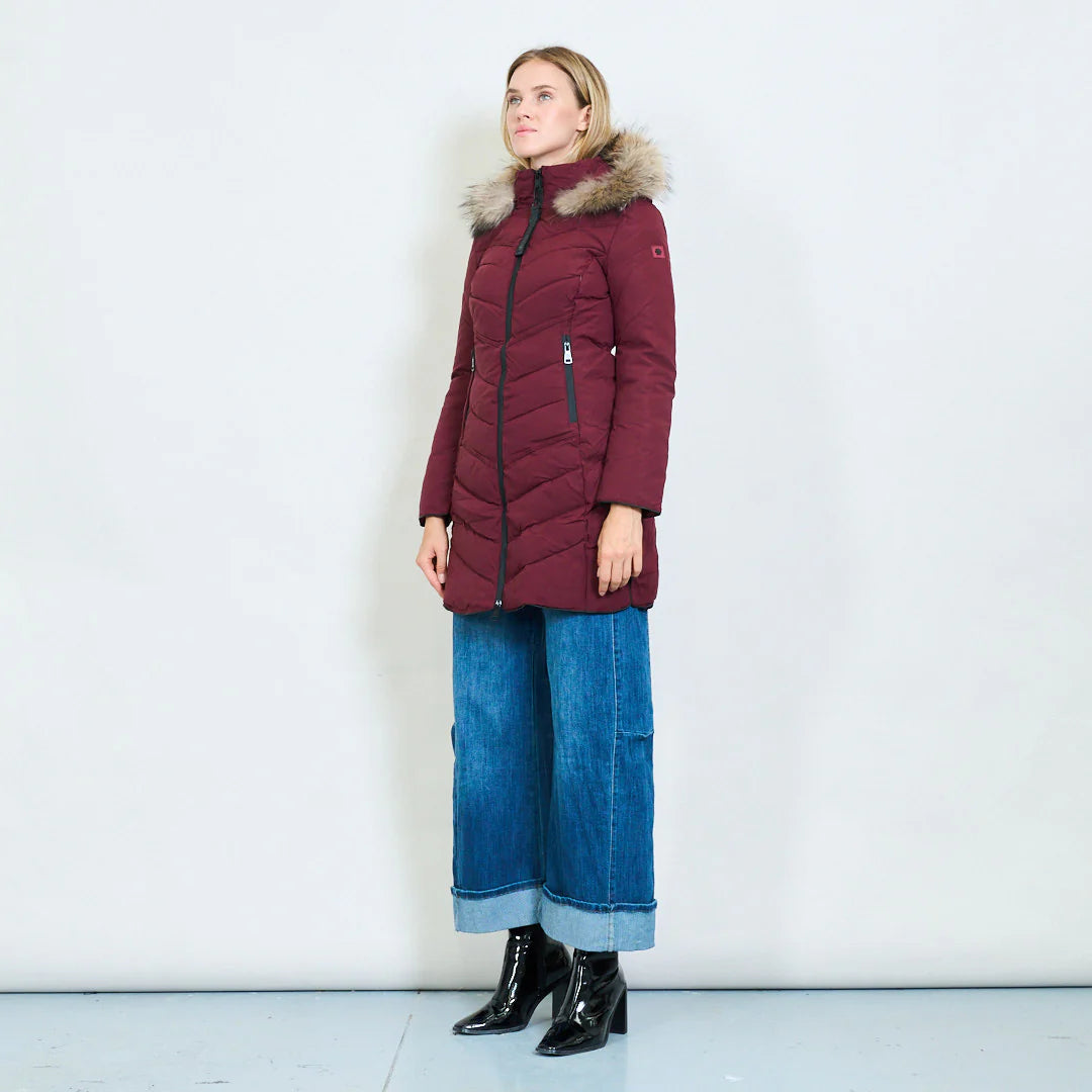 Medium-Length Green Down Jacket with Real Rabbit Fur Hood and Collar