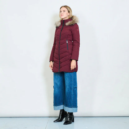 Medium-Length Green Down Jacket with Real Rabbit Fur Hood and Collar