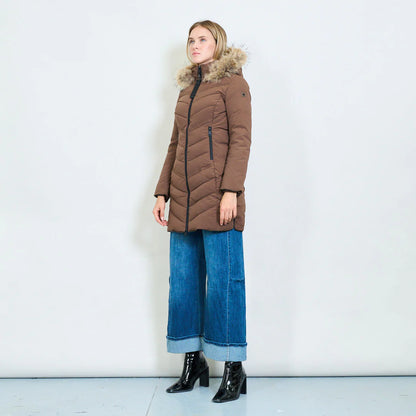 Medium-Length Green Down Jacket with Real Rabbit Fur Hood and Collar