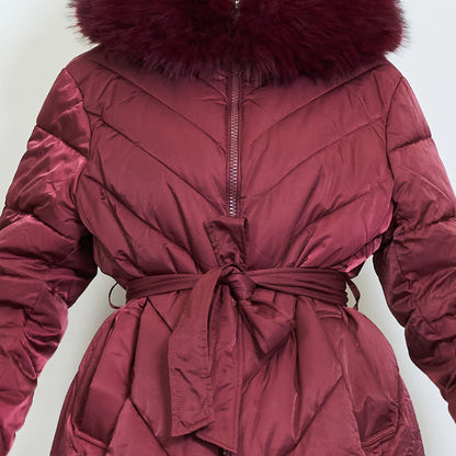 Plus-Size Long Down Jacket with Faux Fur Collar and Belt