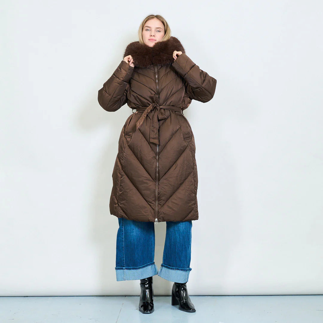 Plus-Size Long Down Jacket with Faux Fur Collar and Belt