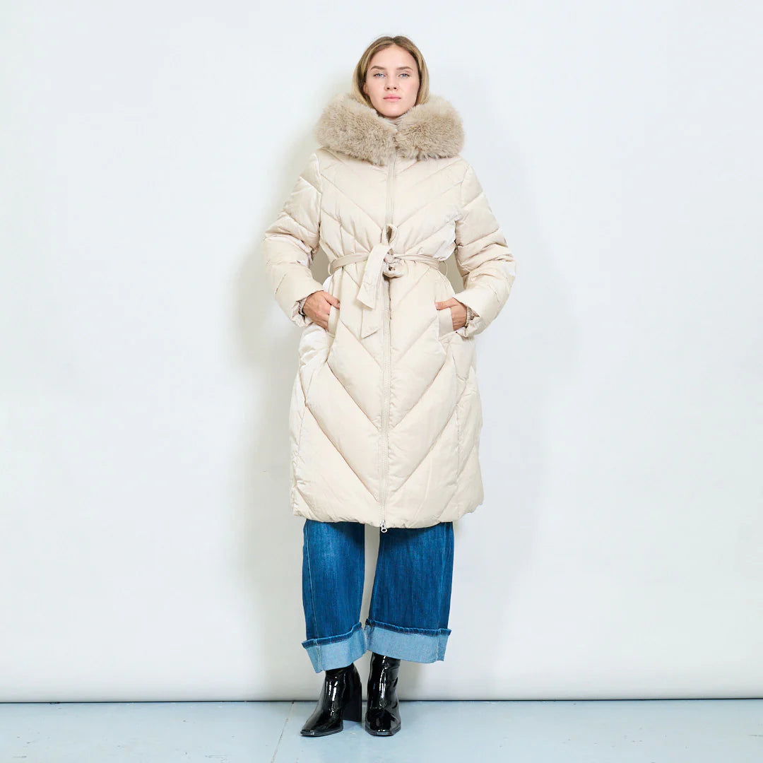 Plus-Size Long Down Jacket with Faux Fur Collar and Belt