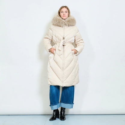 Plus-Size Long Down Jacket with Faux Fur Collar and Belt