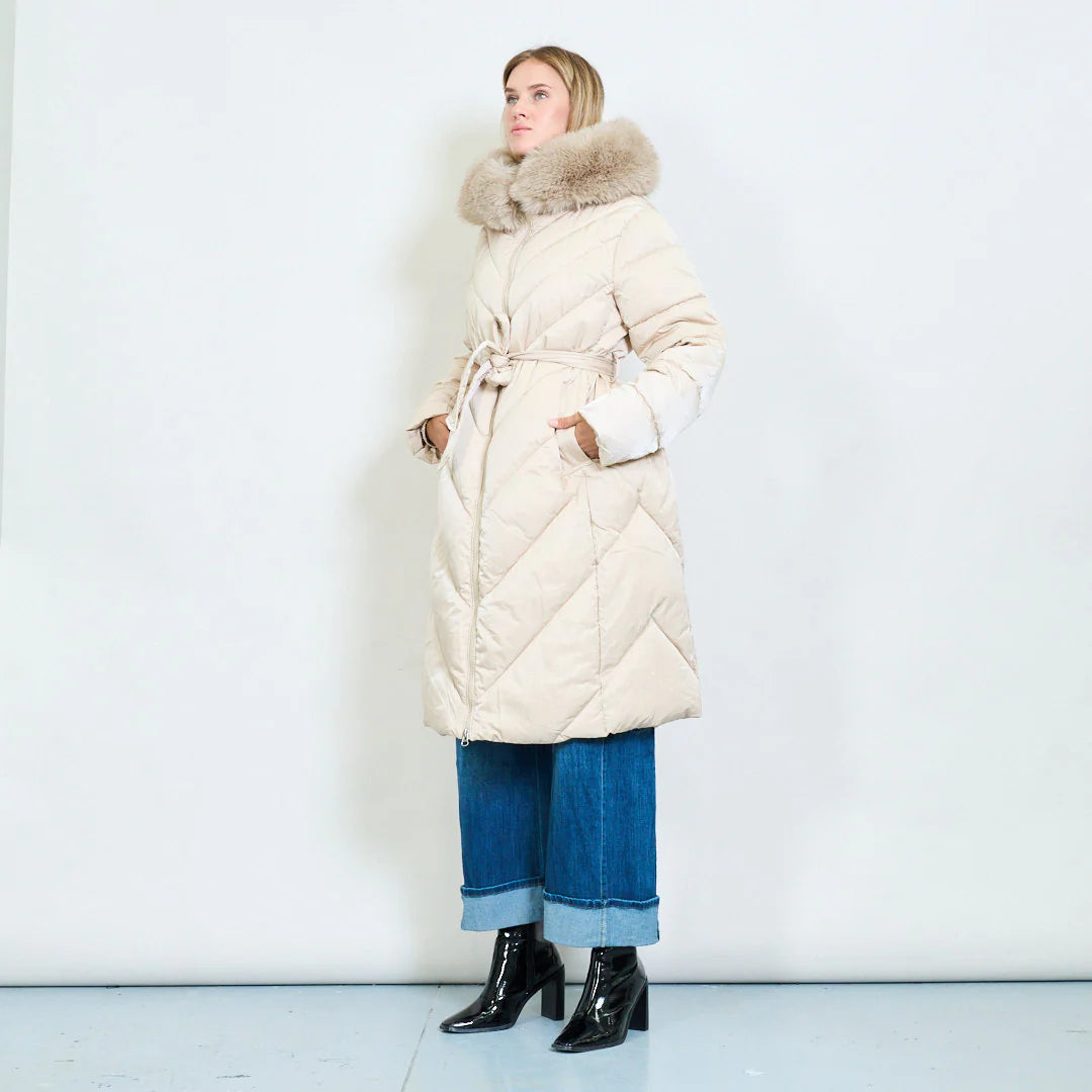 Plus-Size Long Down Jacket with Faux Fur Collar and Belt