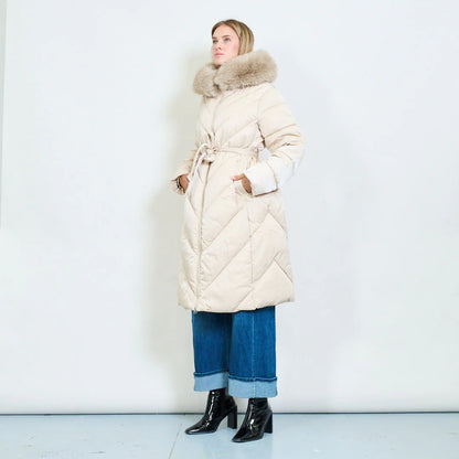 Plus-Size Long Down Jacket with Faux Fur Collar and Belt