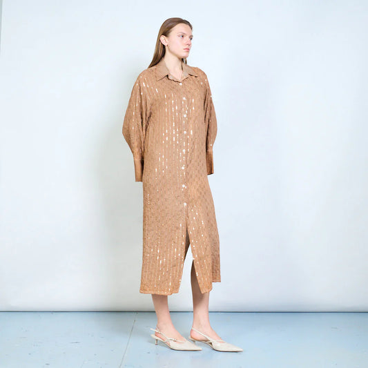 Abito chemisier midi con ricami decorativi e maniche ampie