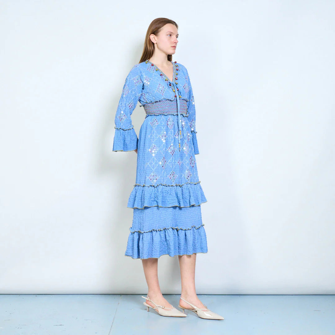 Abito midi donna con ricami, paillettes e vita elasticizzata