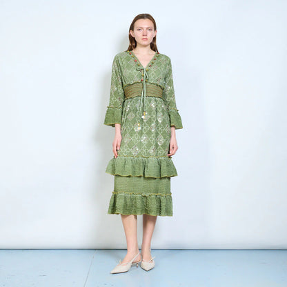 Abito midi donna con ricami, paillettes e vita elasticizzata