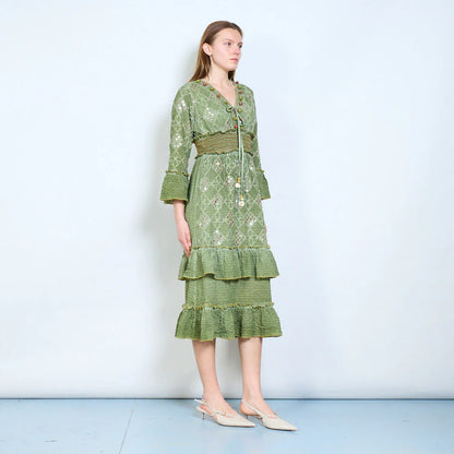 Abito midi donna con ricami, paillettes e vita elasticizzata