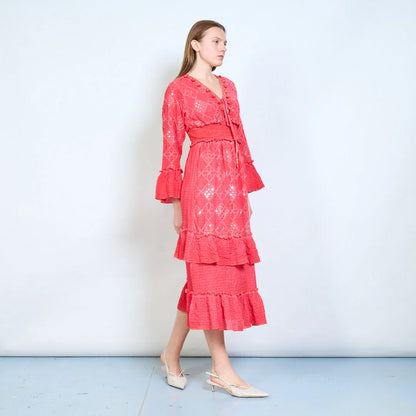 Abito midi donna con ricami, paillettes e vita elasticizzata