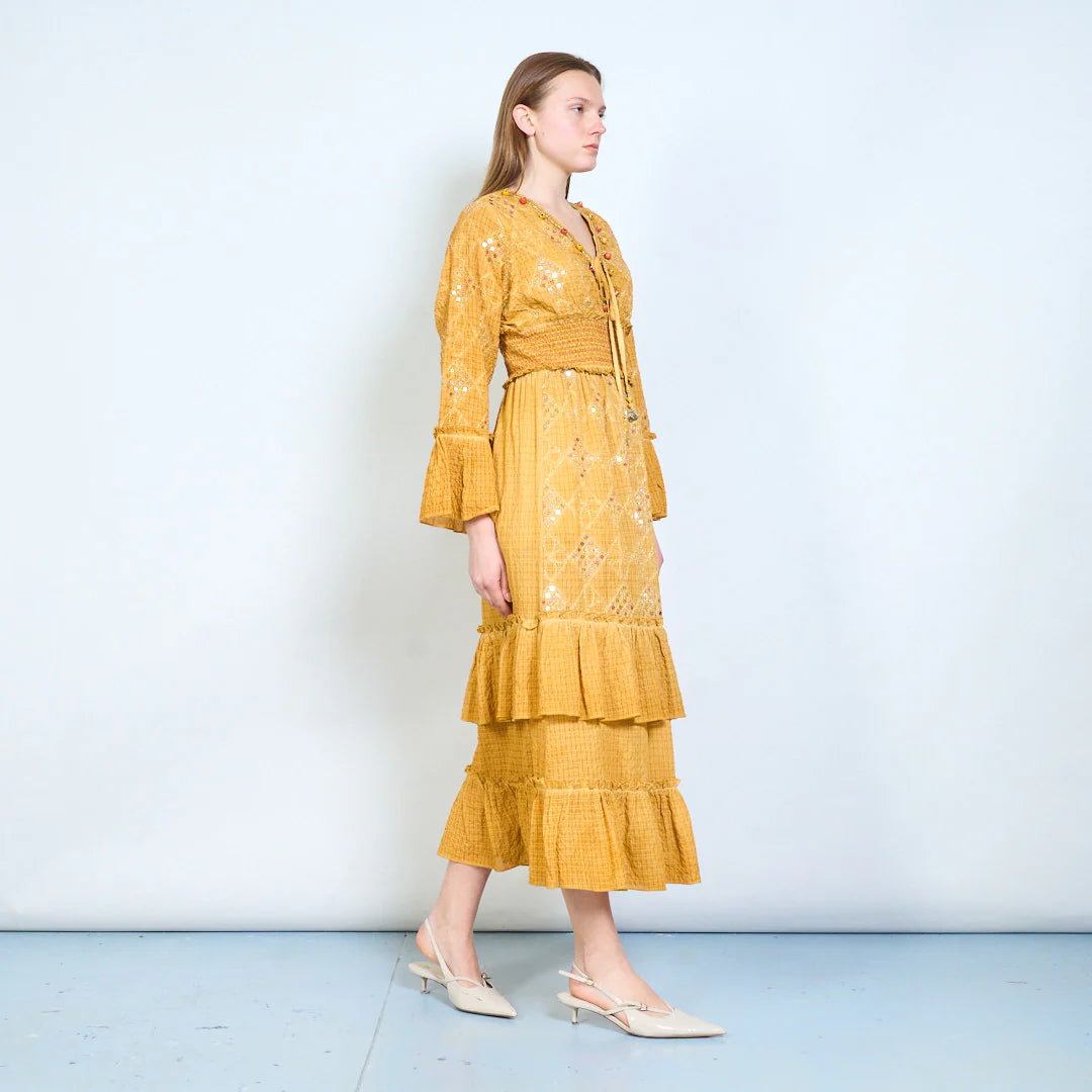 Abito midi donna con ricami, paillettes e vita elasticizzata