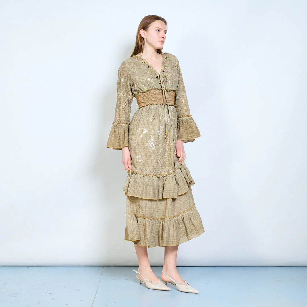 Abito midi donna con ricami, paillettes e vita elasticizzata