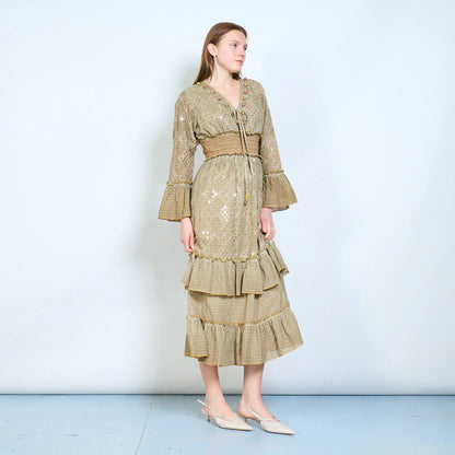 Abito midi donna con ricami, paillettes e vita elasticizzata