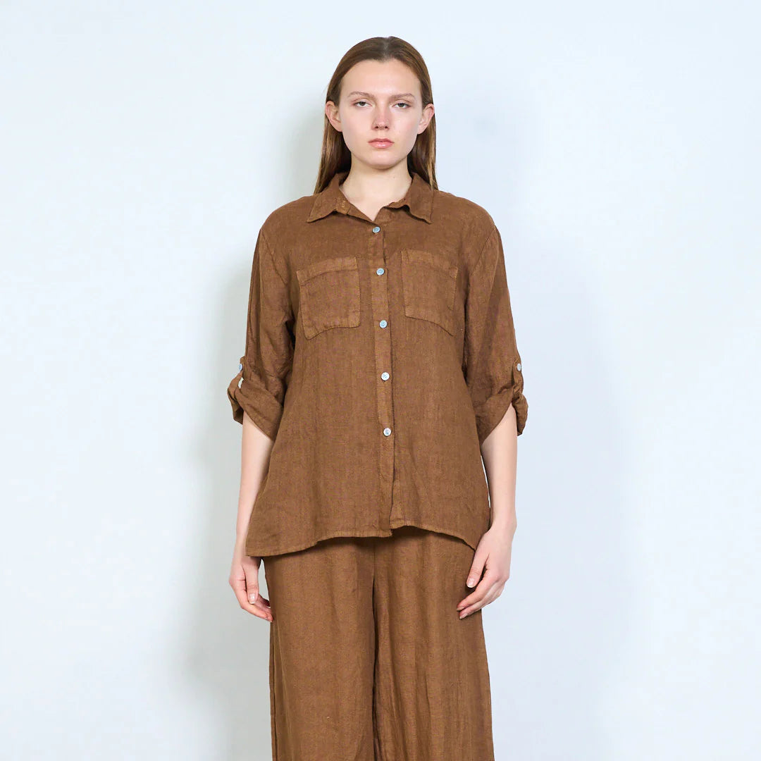 Camicia donna in lino con tasche frontali e maniche regolabili