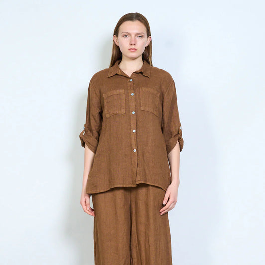 Camicia donna in lino con tasche frontali e maniche regolabili