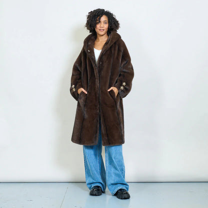 Faux Fur Coat with Hood and Gold Details