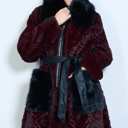 Long Faux Fur Coat with Belt and Contrasting Pockets