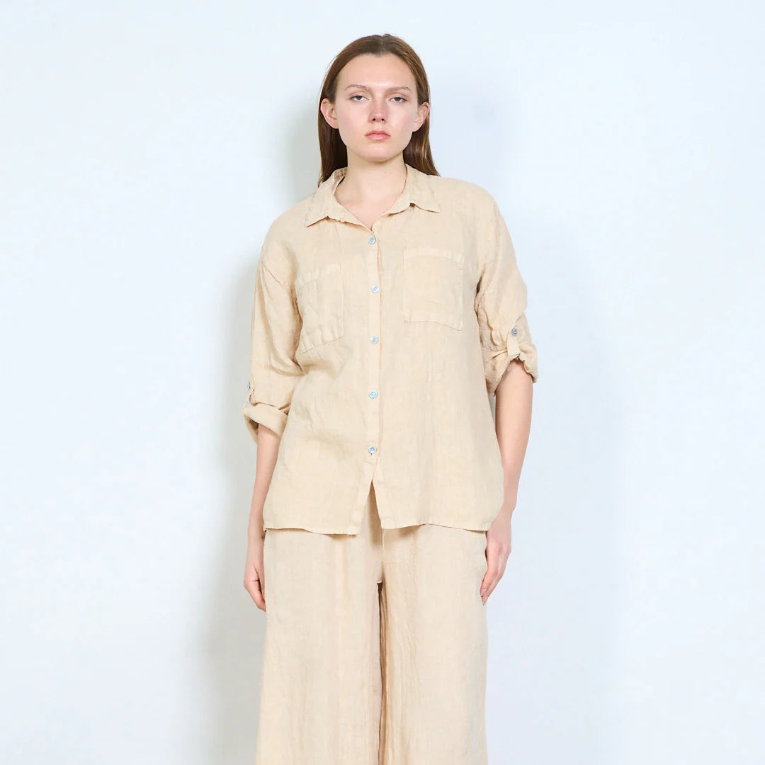 Camicia donna in lino con tasche frontali e maniche regolabili