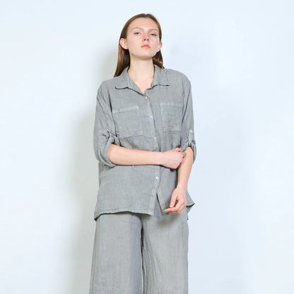 Camicia donna in lino con tasche frontali e maniche regolabili