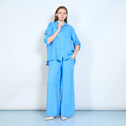 Camicia donna in lino con tasche frontali e maniche regolabili