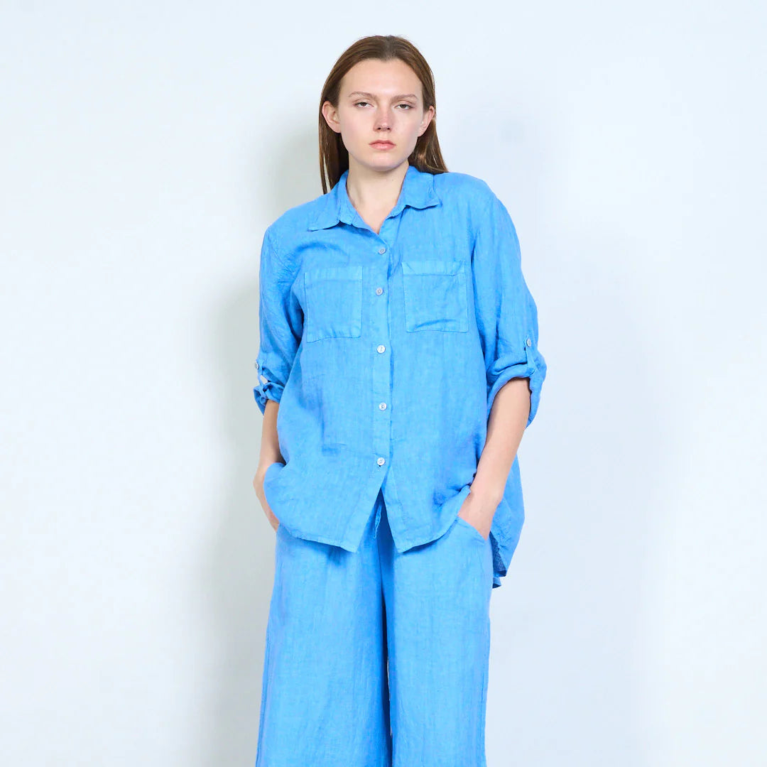 Camicia donna in lino con tasche frontali e maniche regolabili
